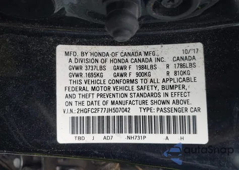 2018 Honda Civic Ex from USA, damaged, VIN 2HGFC2F77JH507042